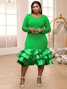 Plus Cutout Layered Hem Dress - Green - View 1