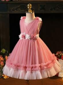 年轻女孩立体花朵撞色网眼荷叶边花童礼服生日派对适合户外和室内