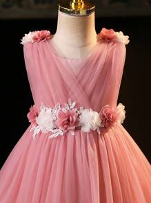 年轻女孩立体花朵撞色网眼荷叶边花童礼服生日派对适合户外和室内