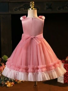 年轻女孩立体花朵撞色网眼荷叶边花童礼服生日派对适合户外和室内