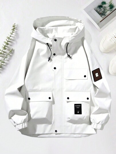 2024 Men's Letter Printed Cargo Pocket Spring/Autumn Casual Loose Jacket, For Fall