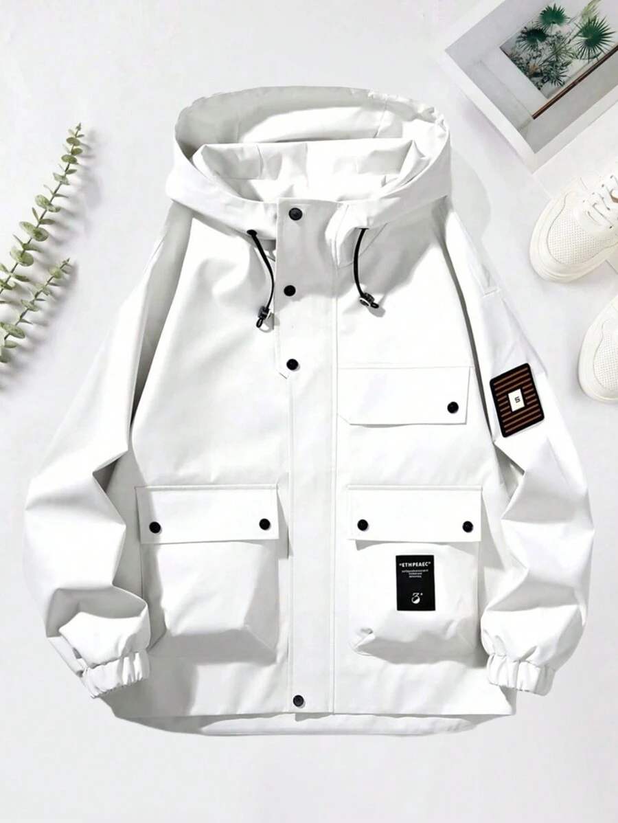 2024 Men's Long Sleeve Letter Printed Cargo Pocket Spring/Autumn Casual Loose Jacket, For Fall - White - View 1