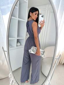 Women's Plain Jumpsuit, Wide Leg, Crossover Neckline, With Pockets And Elastex - 灰色 - 查看 2