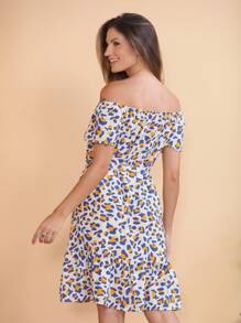 Women's Short Off-The-Shoulder Dress With Floral Print - 藍色 - 查看 5