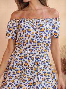 Women's Short Off-The-Shoulder Dress With Floral Print - 藍色 - 查看 3