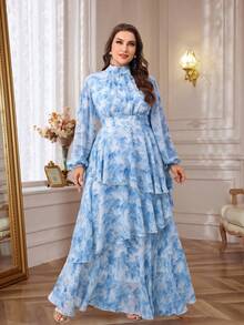 Plus Size Women's Spring & Summer Tie-Dye Print Stand Collar Lantern Sleeve Ruffle Hem Dress Vacation - Blue - View 6