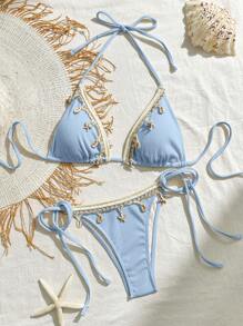 Bikinx Women's Solid Color Satin Ribbon & Shell Decor Triangle Cup Tie Bikini Set, Suitable For Summer Beach Vacation - Baby Blue - View 6