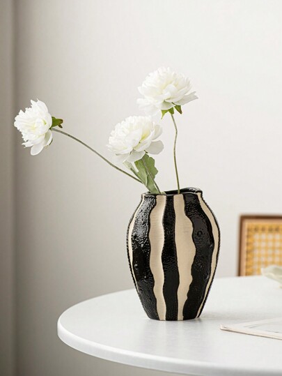 1pc Vertical Gestreepte Ceramic Vase, Zwart White, Minimalist Moderne Mini Wedding, Home, Desk, Office, Hotel, Living Room, Holiday Birthday Graduation Home Back To School Room Supplies ations Flower Vase Glass view 6