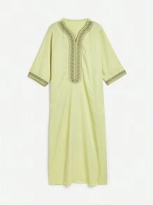 1pc Moroccan Style Embroidered Traditional Robe, Muslim Men Casual Long Sleeve Kaftan - Lime Green - View 2