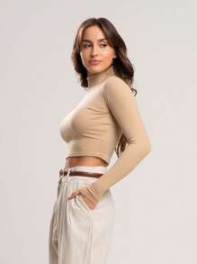 Kit 3 Ribbed Cropped Tops High Neck Long Sleeve Women's Fashion Elegant Foreign Woman - Brown, Caramel and Nude - View 9
