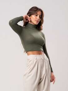 Kit 3 Ribbed Cropped Tops High Neck Long Sleeve Women's Fashion Elegant Foreign Woman - Caramel, Green and Brown - View 7