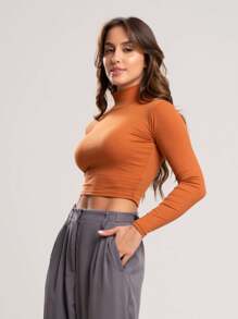 Kit 3 Ribbed Cropped Tops High Neck Long Sleeve Women's Fashion Elegant Foreign Woman - Caramel, Green and Brown - View 3