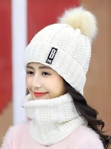 1pc-2 Pcs/Set Winter Neck Warmer & Knit Hat Set, Thicken Plush Windproof & Coldproof Casual Warm Hat Neck Scarf - Black - View 18