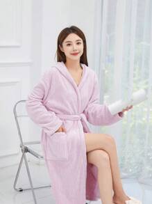 1pc Autumn/Winter Thermal Lined V-Neck Long Cardigan Robe, Coral Fleece Lined Long Sleeve With Pockets Casual Plush Robe, Women Sleepwear
