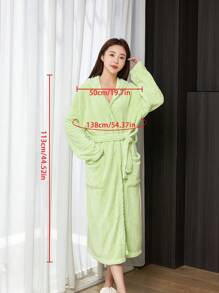 1pc Autumn/Winter Thermal Lined V-Neck Long Cardigan Robe, Coral Fleece Lined Long Sleeve With Pockets Casual Plush Robe, Women Sleepwear