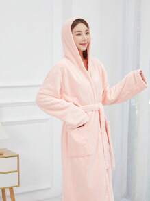 1pc Autumn/Winter Thermal Lined V-Neck Long Cardigan Robe, Coral Fleece Lined Long Sleeve With Pockets Casual Plush Robe, Women Sleepwear