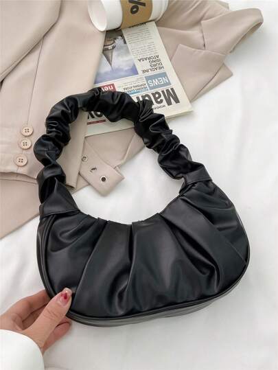 時尚純色雲朵褶皺女士單肩包，多功能手提包