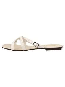 Women's Flat Flip Flops With Straps And Buckle Detail - White - View 3