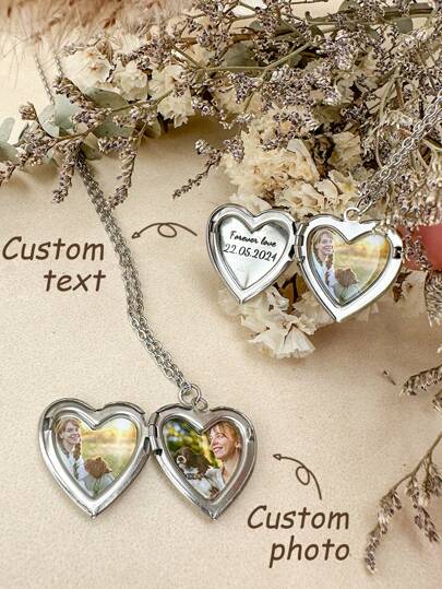 1pc Customizable Heart-Shaped Locket Necklace With Photo, Christmas Gifts For Girlfriends/Friends/Mothers/Daughters, Personalized Custom Christmas Gifts, Ideal For Family, Couples, And Pets, Suitable For Daily Wear, Birthday, Valentine's Day, Anniversary Celebration, Silver, Stylish, Colorful, Ideal Gifts For Him, Ideal Gifts For Her, Her, Boyfriend, Girlfriend, Dad, Mom, Family, Friends, For Anniversaries, For Birthdays, For Graduation, For Prom, For Party, Jewelry Women, Elegant Outfit