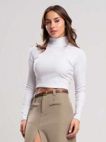 Kit 3 Ribbed Cropped Tops High Neck Long Sleeve Women's Fashion Elegant Foreign Woman - Karamel, telanjang dan putih - View 6