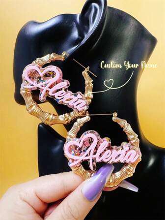 Customized Acrylic Name Bamboo Hoop Earrings, 60mm Rainbow Ombre Name Tag Fashion Hoop Earrings For Women, Hiphop Exaggerated Gift,Gold,Pink,Stylish,Colorful,Vintage,Simple,Unisex,Casual,Cuties,Custom,Personalized,Unique,Ideal Gifts For Him,Ideal Gifts For Her,Her,Boyfriend,Girlfriend,Dad,Mom,Family,Friends,For Anniversaries,For Birthdays,For Graduation,For Prom,For Party,Gold Jewelry