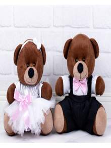 Decorative Bear Couple For Parties And Weddings Brown Plush With Colorful Bow And Ties - Page Boy And Flower Girl 18 Cm - Hoa hồng - Xem 2