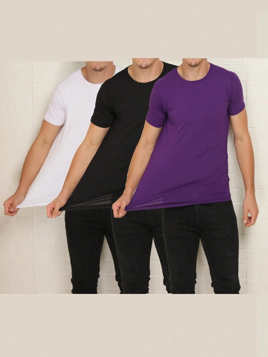 3 Piece Kit Basic Short Sleeve T-Shirts With Elastane Visco Lycra Mesh (Cold Mesh) - Morado - Ver 1