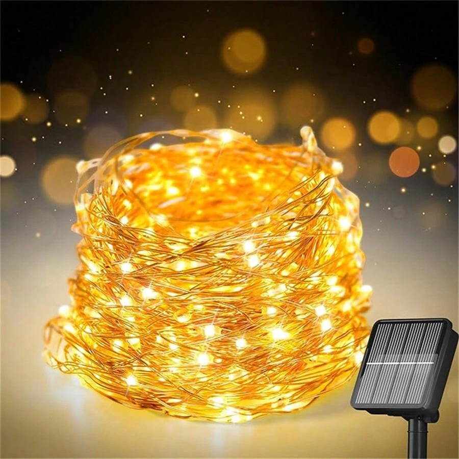 Solar Fairy Lights Outdoor, 33ft 100 LED Solar String Lights Outdoor, 8 Modes Copper Wire Twinkle Lights For Patio Tree Garden Christmas Wedding Party Decoration - 暖白 - 查看 1