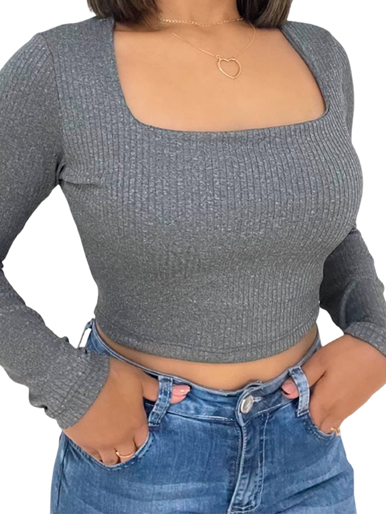 Women's Cropped Top Long Sleeve Second Skin Square Neckline - 灰色 - 查看 1
