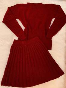Schoolgirl Pleated Skirt And Long Sleeve Mousse Blouse Set In Tricot - Màu Đỏ Sâu - Xem 3