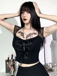 GLAM Cropped Gothic Bow With Lace Comfortable Gothic And Kpop Fashion - Black - View 4