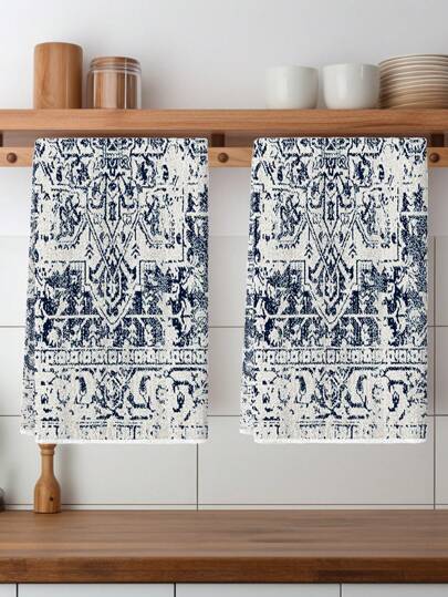 2 件抽象乡村厨房洗碗巾复古曼陀罗厨房毛巾农舍装饰家居毛巾