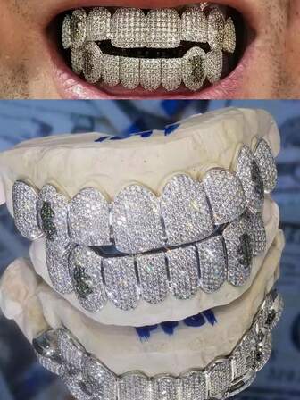 THATBOY 2pcs/Set Hip Hop 3d Cubic Zirconia Tooth Grills, Top & Bottom Teeth Grills, Suitable For Men And Women Halloween