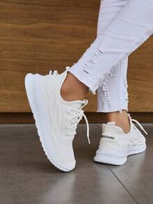 1 Par de Tênis Esportivos Casuais Confortáveis e Respiráveis de Tela Sólida Simples para Mulheres, Sapatos de Corrida Externos Estilosos e Simples - Branco - Visão 6