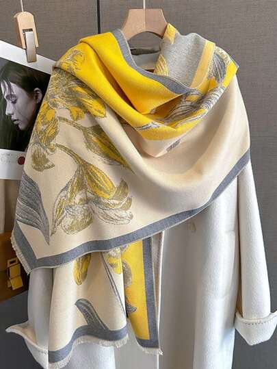 FADZOYLE 1pc Yellow Women's Scarf, Cashmere-Like Texture, Long Fashionable Tassel Shawl Scarf, Classic Floral Print, Warm And Silky, Oversized Shawl And Scarf, Suitable For Autumn/Winter Daily, Evening, Travel, Office, Winter Wedding And Gifting, Elegant Accessory.