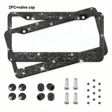 SCHWARZE Bling Diamant Nummernschild Rahmen 2 Packungen - AIRXWILLS Strass Nummernschild Rahmen für Frauen, Edelstahl funkelnder Auto Kennzeichenrahmen, 3 Stile zur Auswahl: 1 Stück/2 Stück/2 Stück + Bling Ventilkappen - Schwarz - Übersicht 7