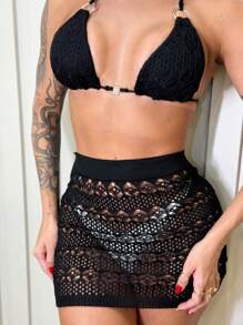 Beach Cover-Up Set With Short Skirt And Padded Top - 黑色 - 查看 3