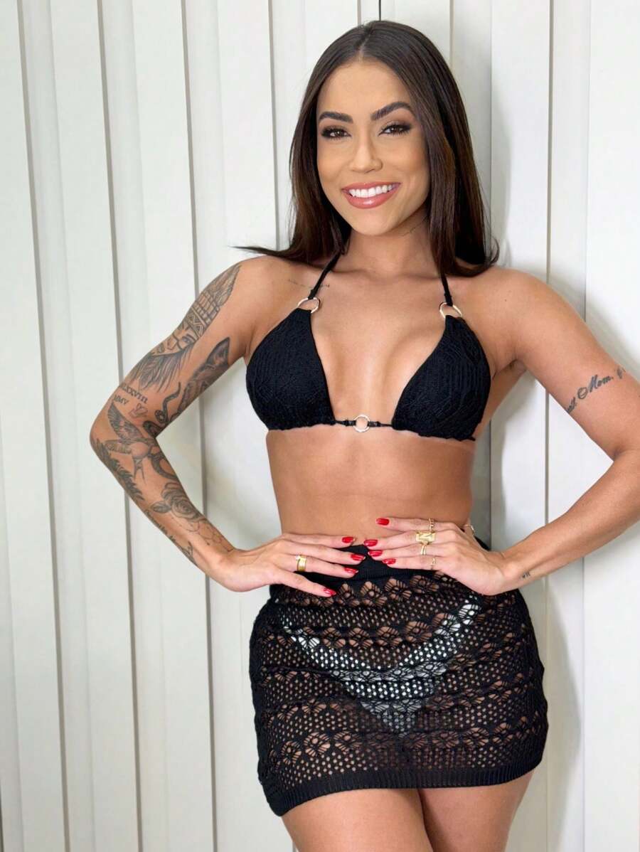 Beach Cover-Up Set With Short Skirt And Padded Top - 黑色 - 查看 1