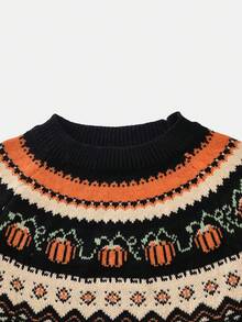 南瓜提花圆领休闲常规针织套头衫，万圣节 - 黑色 - 查看 4