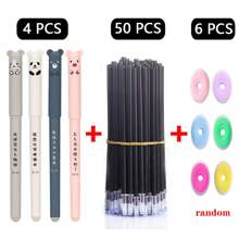 60支/套 0.35mm 可擦凝胶笔套装，包含4支笔、50支笔芯和6块橡皮擦，黑色/蓝色/红色可选，考试专用，可爱动物图案，适合学习、学校和办公用品，返校必备 - 套裝 - 查看 2