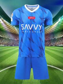 男女休闲运动足球服，时尚透气上衣搭配时尚透气短裤，舒适足球套装，复活节，农历新年，夏季服装，情人节，夏季上衣，斋月，活动大促销 - 藍色 - 查看 4