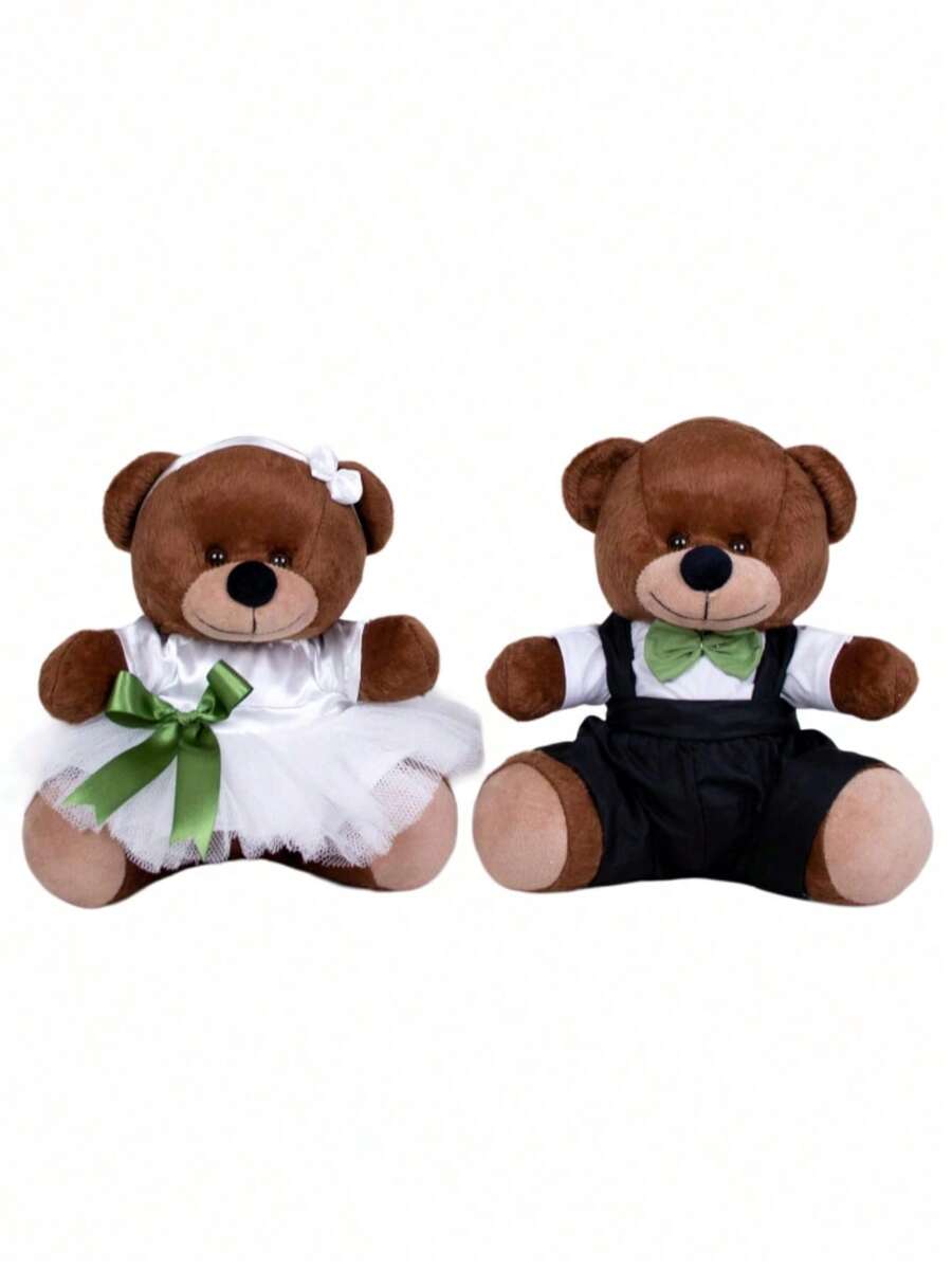 Kit 2 Pieces Of Decorative Bears For Parties And Weddings Brown Plush With Bow And Colorful Ties - Page Boy And Flower Girl 22 Cm - 綠色 - 查看 1