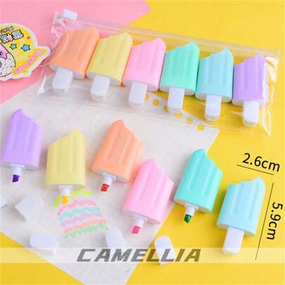 Kit de 6 Peças Marca-Texto em Forma de Mini Picolé Sorvete Fofo - Cores Pastel