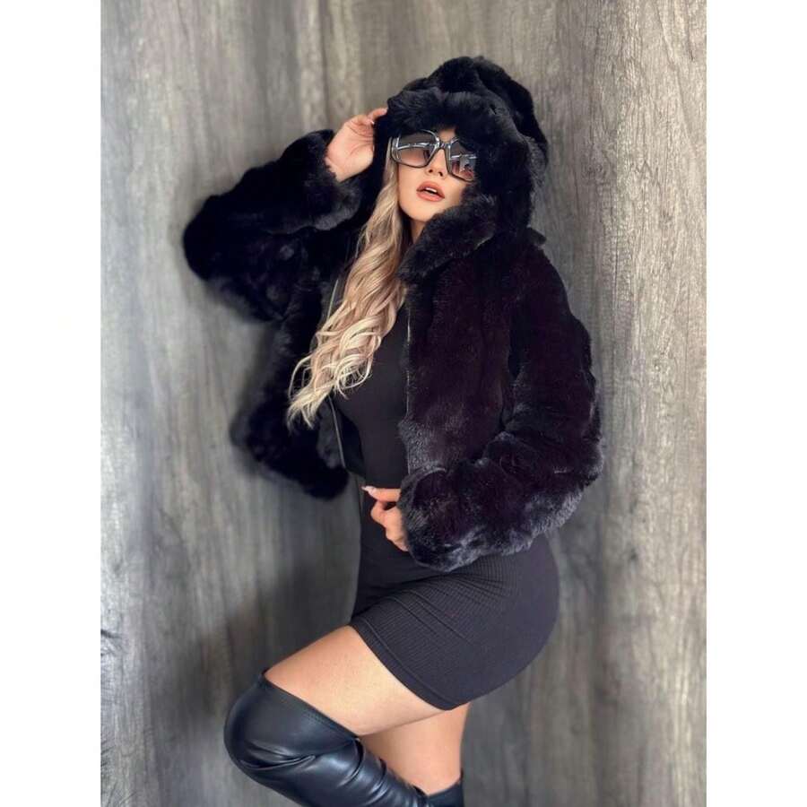 Chamarra crop top cierre gorro capucha manga larga suave - Negro - Ver 1