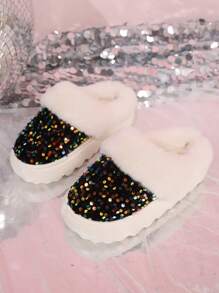 Women's Simple & Fashionable Glitter Decor Soft Plush Slip-On Indoor House Slippers With Non-Slip Thick Soles