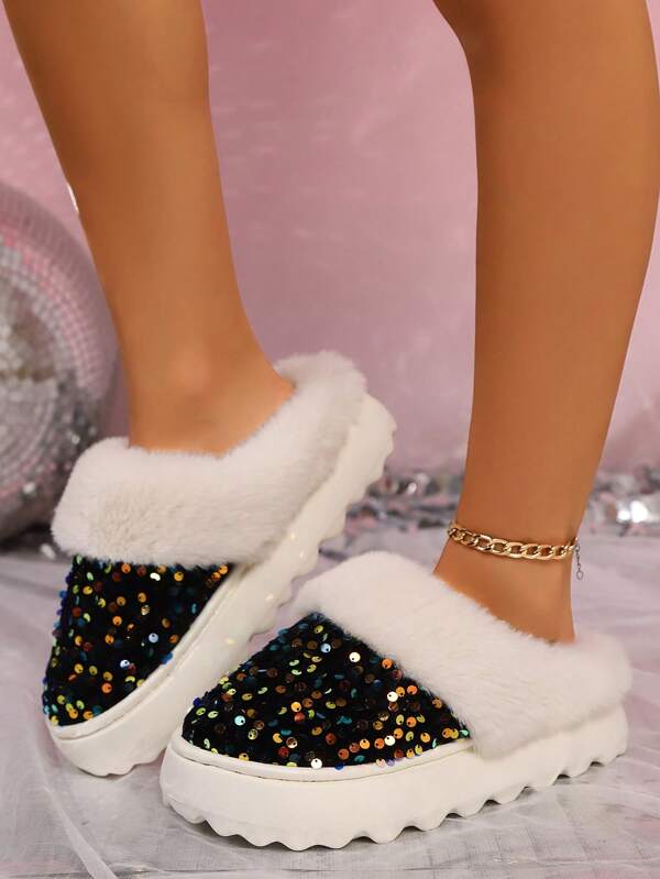 Women's Simple & Fashionable Glitter Decor Soft Plush Slip-On Indoor House Slippers With Non-Slip Thick Soles