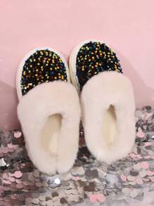 Women's Simple & Fashionable Glitter Decor Soft Plush Slip-On Indoor House Slippers With Non-Slip Thick Soles
