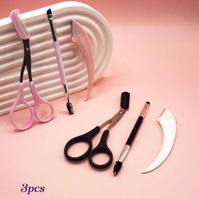 3pcs Portable Eyebrow Trimmer Scissors, Angled Brushes, Spiral Eyebrow Brush, Eye Makeup Brush Set