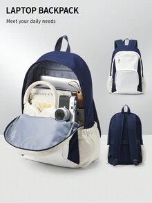 大号背包，适合学校女孩男孩青少年儿童，多色块超薄多口袋小学中学书包美观的学校背包，适合男孩青少年书包儿童书包，轻便旅行背包，简单可爱的背包，大学高中书包，适合 14 英寸笔记本电脑，极简主义女式笔记本电脑背包，适合学生老师的书包，休闲旅行笔记本电脑/学校背包，适合女士男士的背包 - 藍白色 - 查看 4