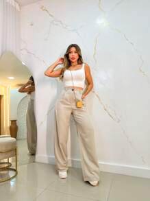 Women's Tailored Palazzo Pants With One Button And Open Zipper - 幼杏 - 查看 3